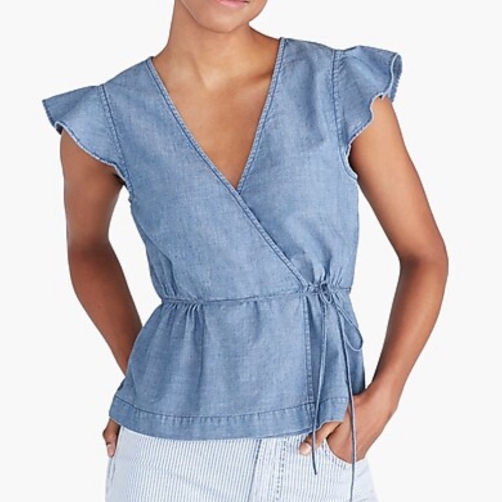 Flutter-sleeve faux-wrap top in chambray